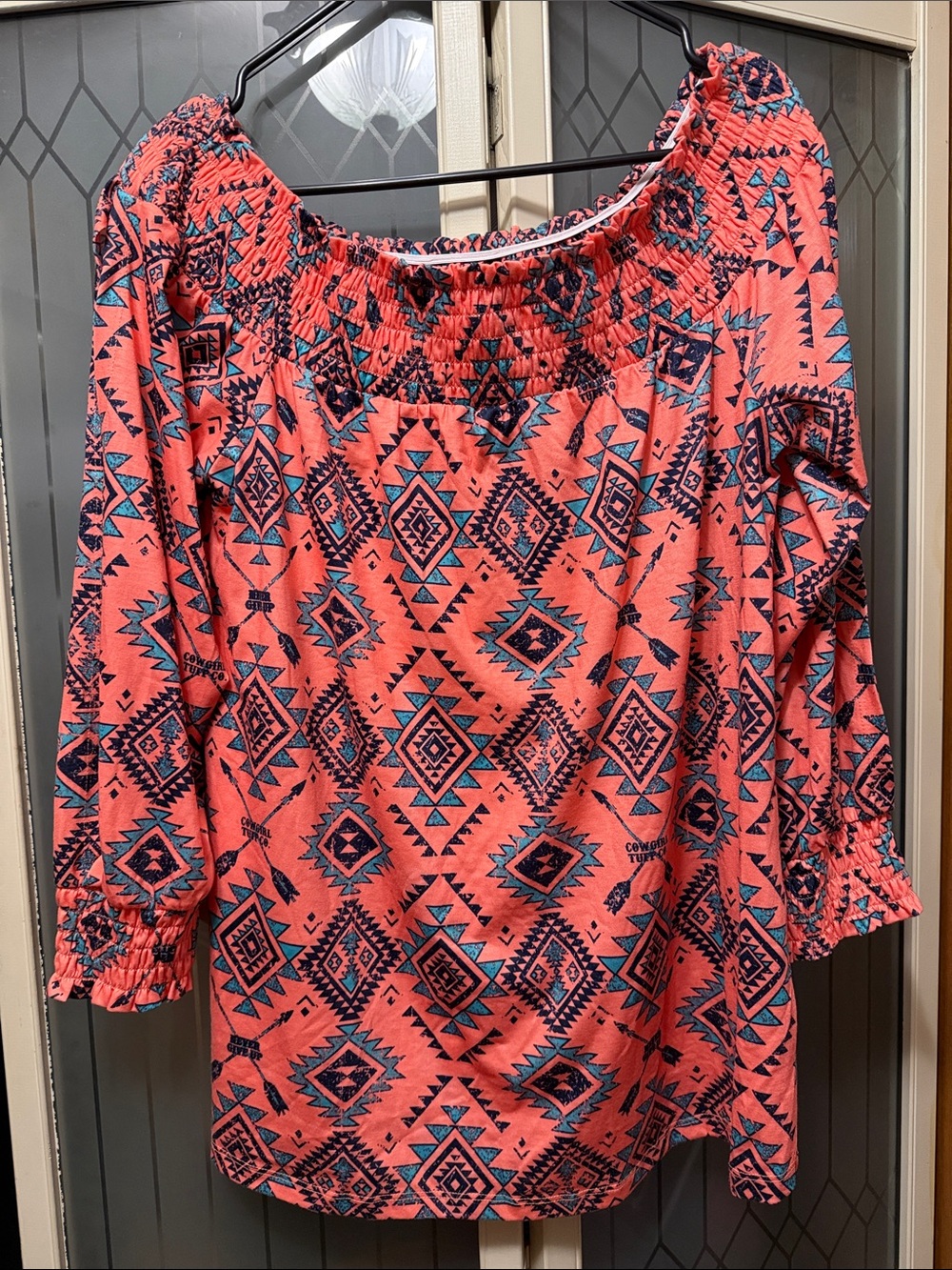 Cowgirl Tuff Coral Aztec Off-Shoulder Blouse with Navy Accents